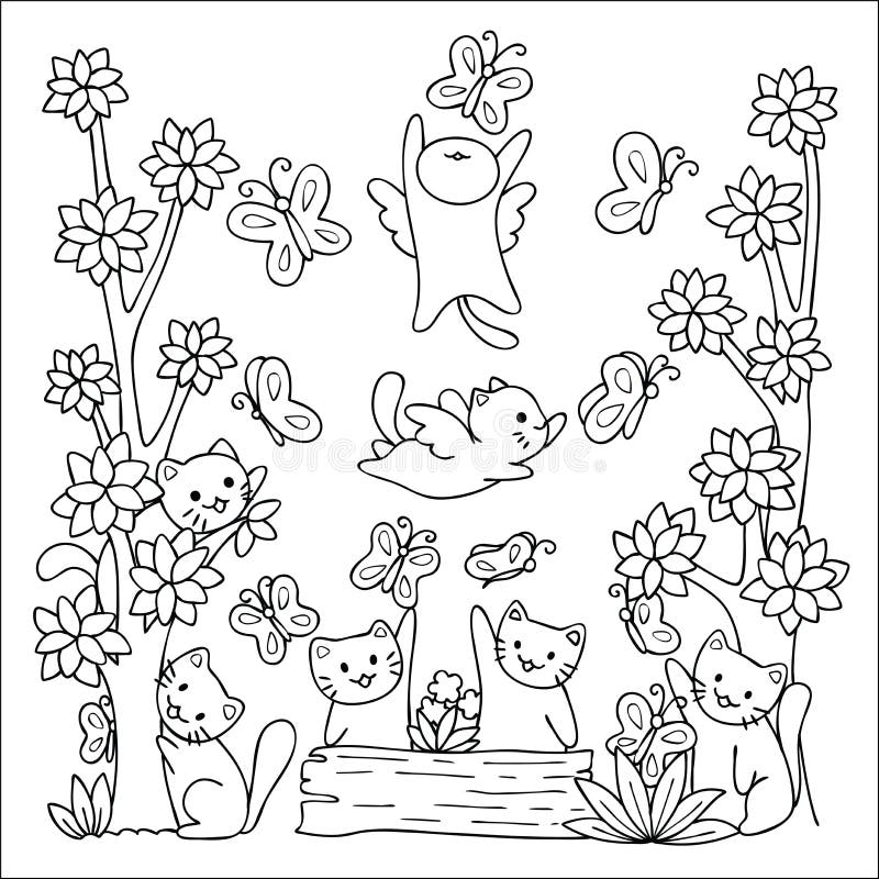 逗人喜爱的猫喜欢使用与与朋友的蝴蝶墙纸艺术的自然设计和孩子的彩图页的 向量我 库存例证 逗人喜爱的猫喜欢使用与与朋友的蝴蝶墙纸艺术的自然设计和孩子的彩图页的 向量我 库存例证