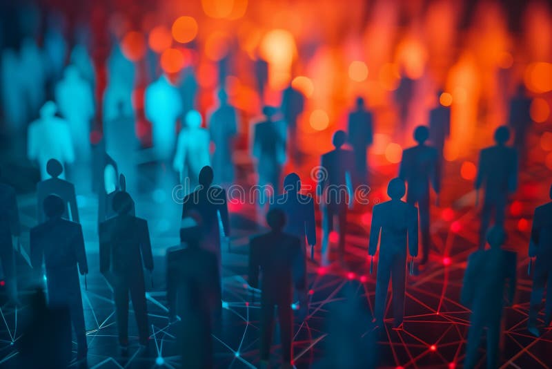 concept of the communication network. Group of paper people connected with communication lines. Futuristic look. Blue and orange lighting. Business adds. Teamwork Copy space. High quality photo AI generated. concept of the communication network. Group of paper people connected with communication lines. Futuristic look. Blue and orange lighting. Business adds. Teamwork Copy space. High quality photo AI generated