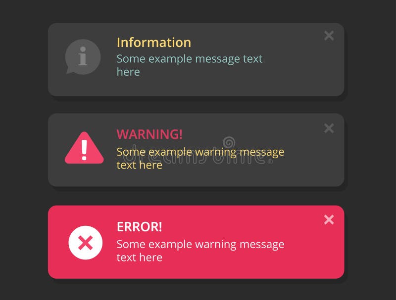 通知ui windows向量设置深黑界面推送错误警告警告提醒移动应用的系统消息或 向量例证