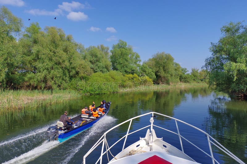 Speed â€‹â€‹boat with tourists in the natural reserve of the Danube Delta. Danube River - landmark attraction in Romania. Speed â€‹â€‹boat with tourists in the natural reserve of the Danube Delta. Danube River - landmark attraction in Romania