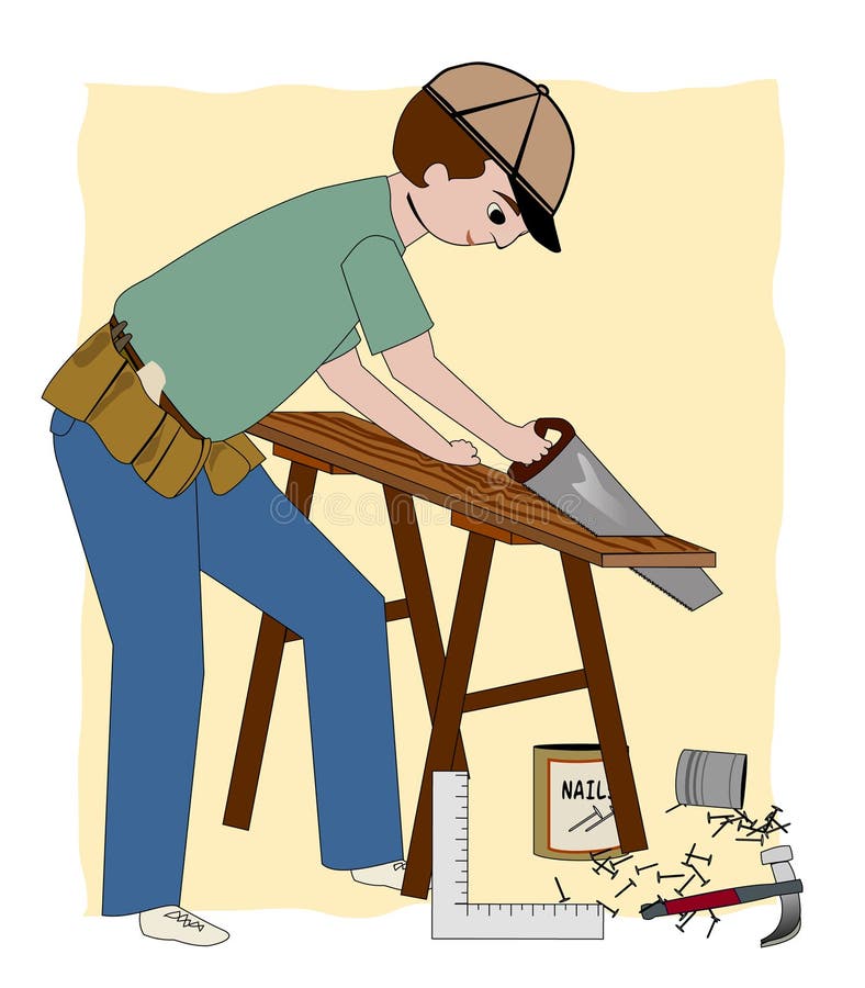 A working carpenter, builder, or general contractor, with a sawhorse, wood, nails. A working carpenter, builder, or general contractor, with a sawhorse, wood, nails