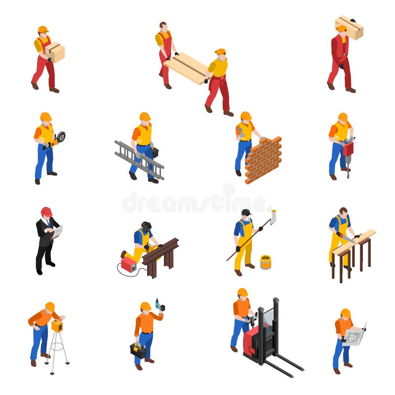 Builders work at construction site isometric icons collection with mason carpenter and project manager isolated vector illustration. Builders work at construction site isometric icons collection with mason carpenter and project manager isolated vector illustration