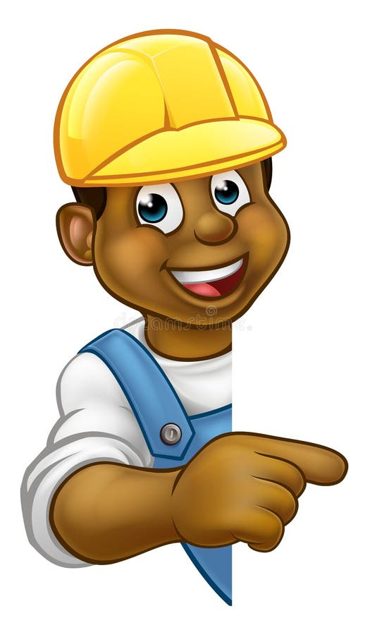 Cartoon black handyman, builder, mechanic, carpenter, electrician or plumber character. Cartoon black handyman, builder, mechanic, carpenter, electrician or plumber character