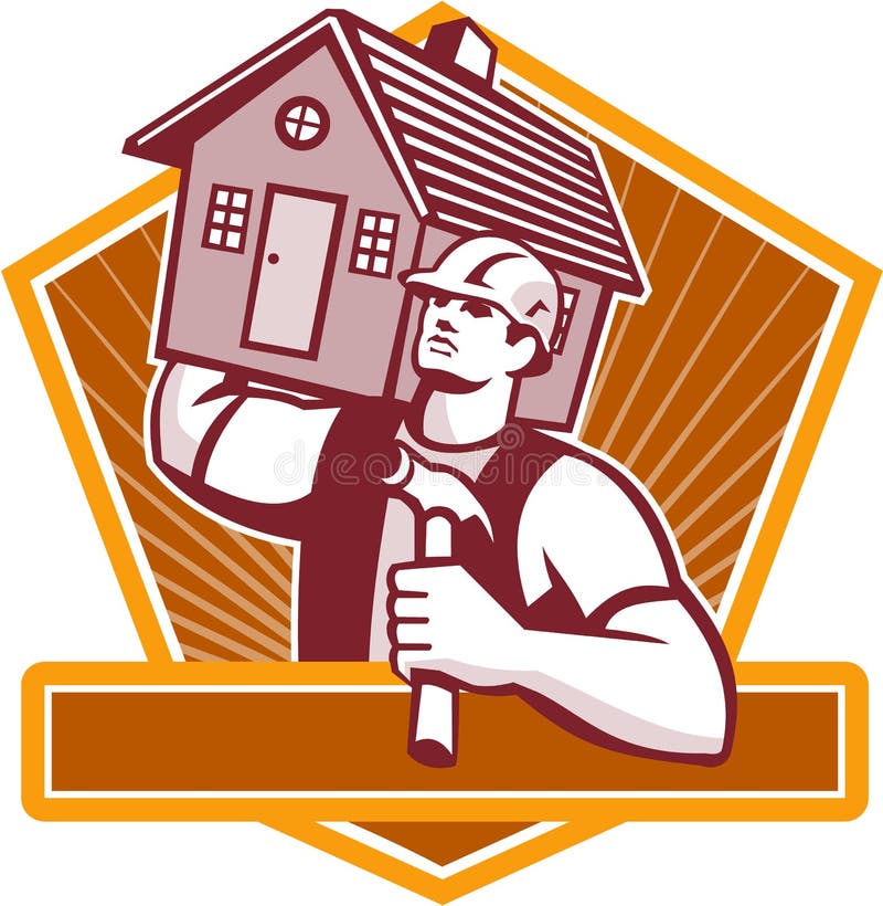 Illustration of a builder construction worker with hammer carrying house on shoulder set inside shield done in retro style. Illustration of a builder construction worker with hammer carrying house on shoulder set inside shield done in retro style.