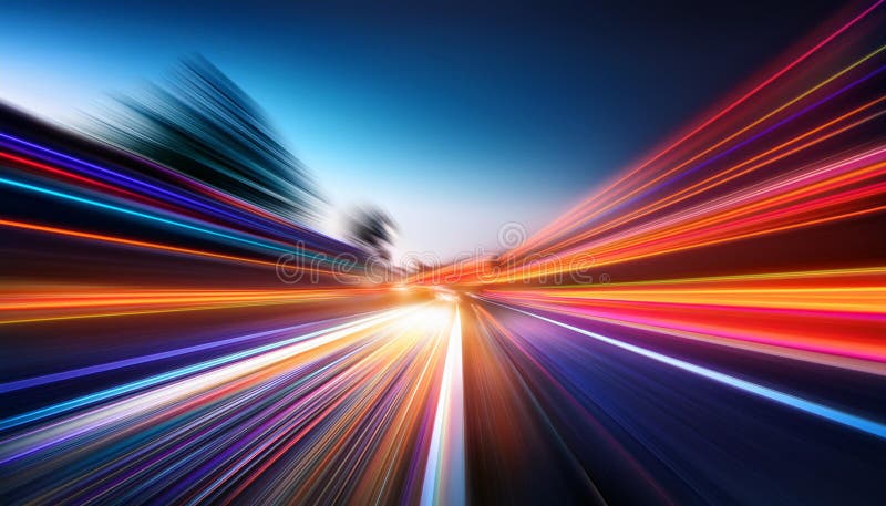 道路上超速运动灯的生成图像. 到图像中心消失点的彩色运动模糊.