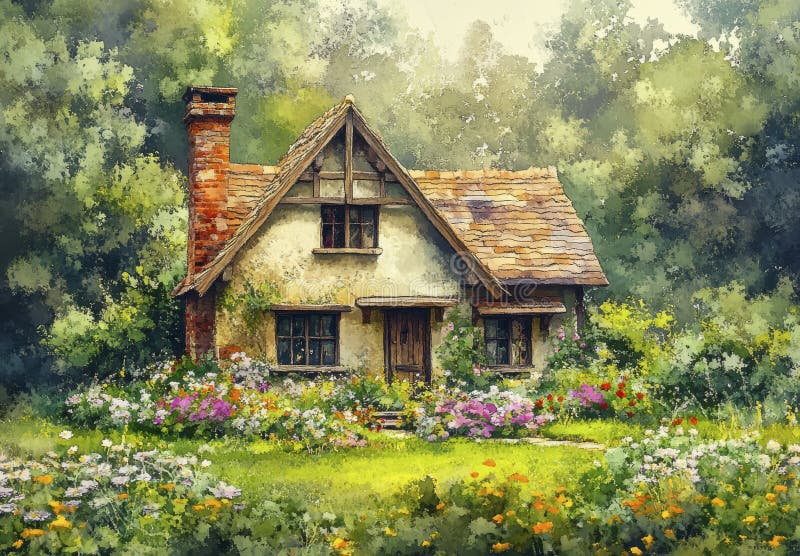 郁郁葱葱的花园中的迷人乡村小屋 向量例证