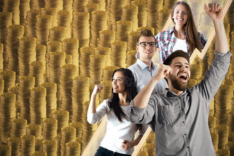 Happy businesspeople celebrating success on abstract golden coin pile background. Teamwork, lottery and wealth concept. 3D Rendering. Happy businesspeople celebrating success on abstract golden coin pile background. Teamwork, lottery and wealth concept. 3D Rendering