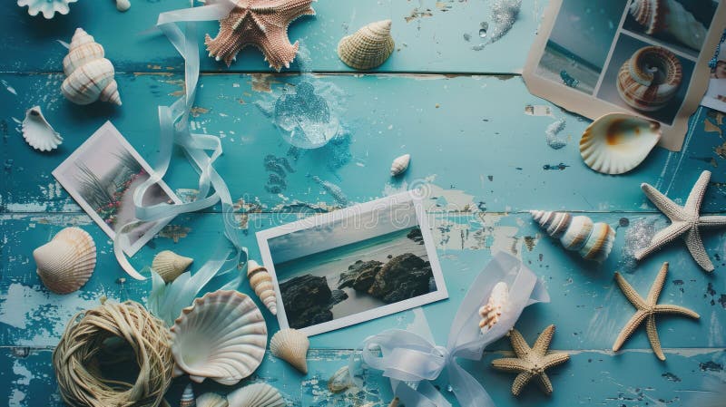 A circular wooden table adorned with aqua seashells and a picture of a beach scene. The combination of natural elements and coastal imagery creates a soothing and inviting atmosphere in AI generated. A circular wooden table adorned with aqua seashells and a picture of a beach scene. The combination of natural elements and coastal imagery creates a soothing and inviting atmosphere in AI generated