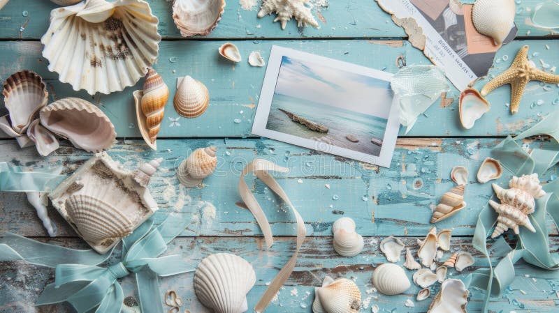 A circular wooden table adorned with aqua seashells and a picture of a beach scene. The combination of natural elements and coastal imagery creates a soothing and inviting atmosphere in AI generated. A circular wooden table adorned with aqua seashells and a picture of a beach scene. The combination of natural elements and coastal imagery creates a soothing and inviting atmosphere in AI generated