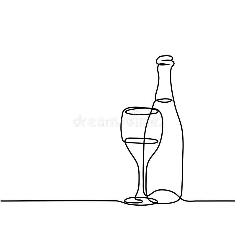 Continuous line drawing. Wine bottle and glass contour. Black outline vector. Continuous line drawing. Wine bottle and glass contour. Black outline vector.