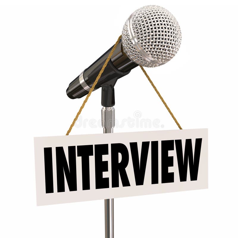 Interview word on hanging sign on microphone to illustrate questions and answers for a speaker or panel discussion. Interview word on hanging sign on microphone to illustrate questions and answers for a speaker or panel discussion