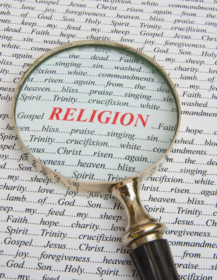 A closeup image of the word 'Religion' in bold red text with a magnifier to emphasize the subject. The background includes many topics of importance to Christianity. A closeup image of the word 'Religion' in bold red text with a magnifier to emphasize the subject. The background includes many topics of importance to Christianity.