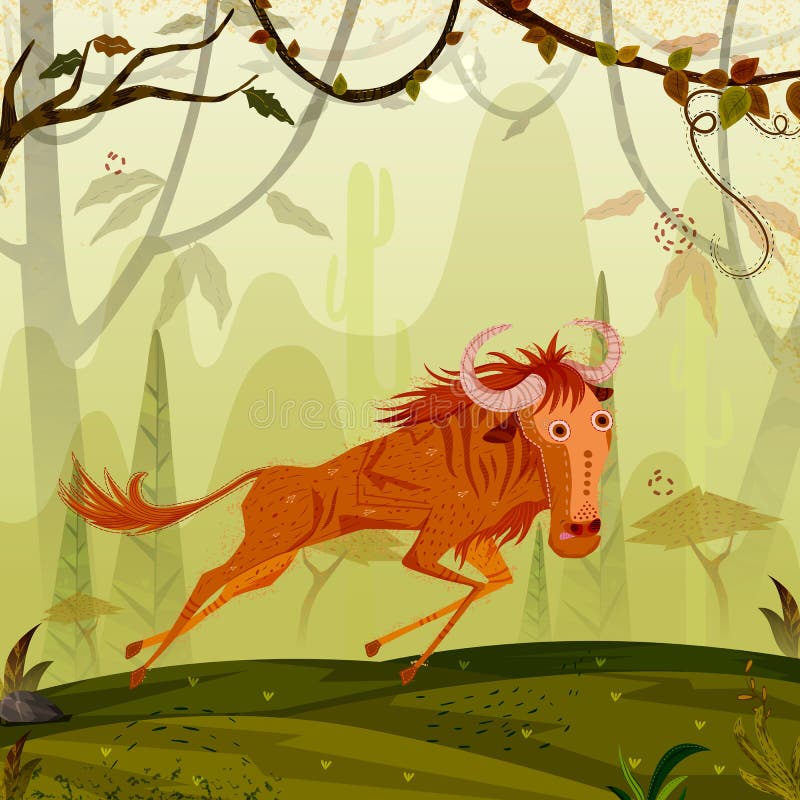 Wild animal Wildebeest in jungle forest background in vector. Wild animal Wildebeest in jungle forest background in vector