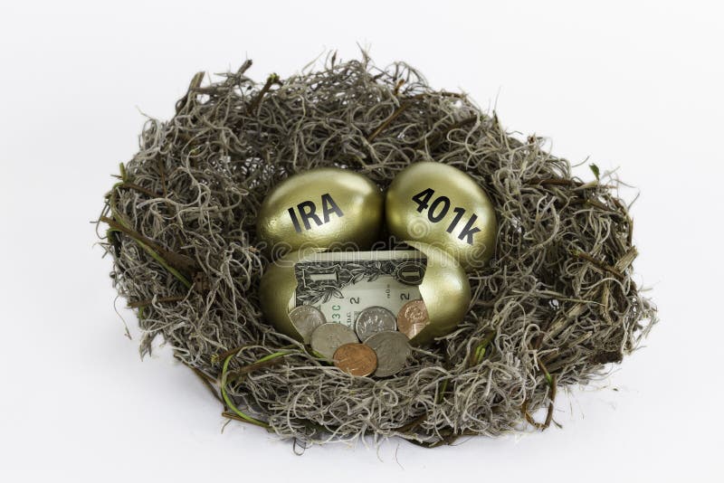 Nest full of golden eggs with one egg open containing cash and two eggs labeled 401k & IRA. Nest full of golden eggs with one egg open containing cash and two eggs labeled 401k & IRA.