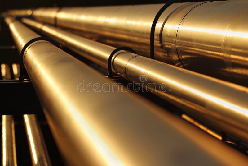 Golden steel pipe line conection in crude oil refinery. Golden steel pipe line conection in crude oil refinery