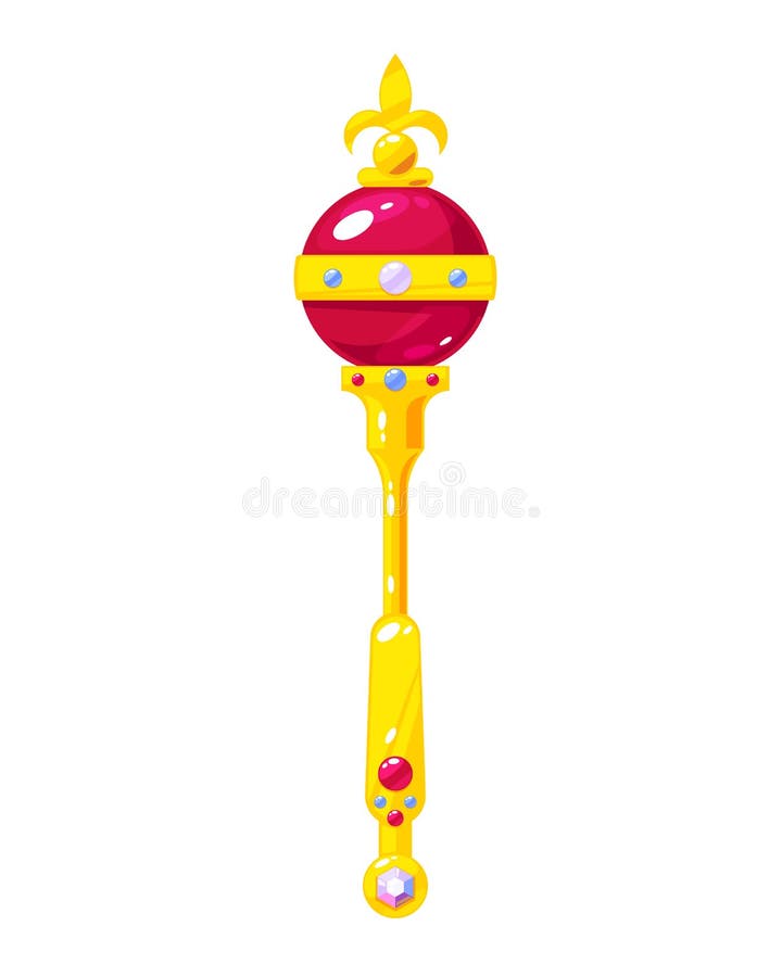 Beautiful royal scepter of gold. Award for the winner, management, museum exhibit with precious stones. Luxurious golden sign, icon of king, emperor. Vector illustration isolated. Beautiful royal scepter of gold. Award for the winner, management, museum exhibit with precious stones. Luxurious golden sign, icon of king, emperor. Vector illustration isolated.