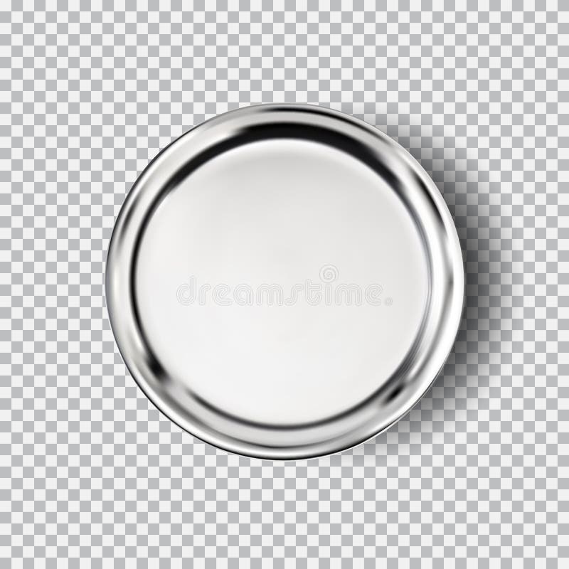 Metal chrome steel plate on transparent background. Kitchen dishes for food, plate for kitchen, dishware. Button vector illustration for your product, food ads, tableware design element. Metal chrome steel plate on transparent background. Kitchen dishes for food, plate for kitchen, dishware. Button vector illustration for your product, food ads, tableware design element.