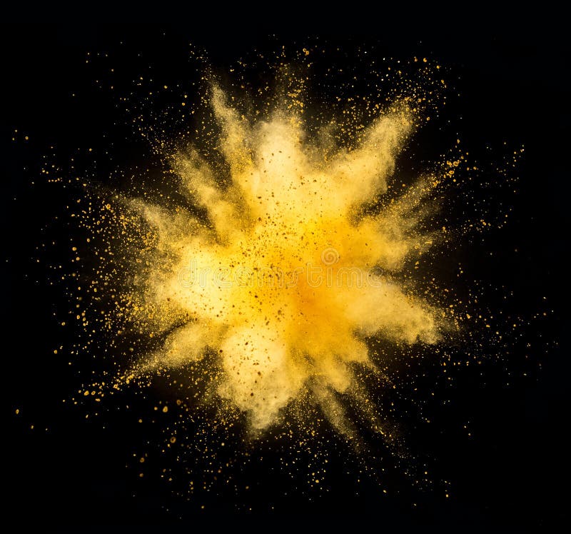 金黄粉末爆炸在黑背景的 免版税库存照片