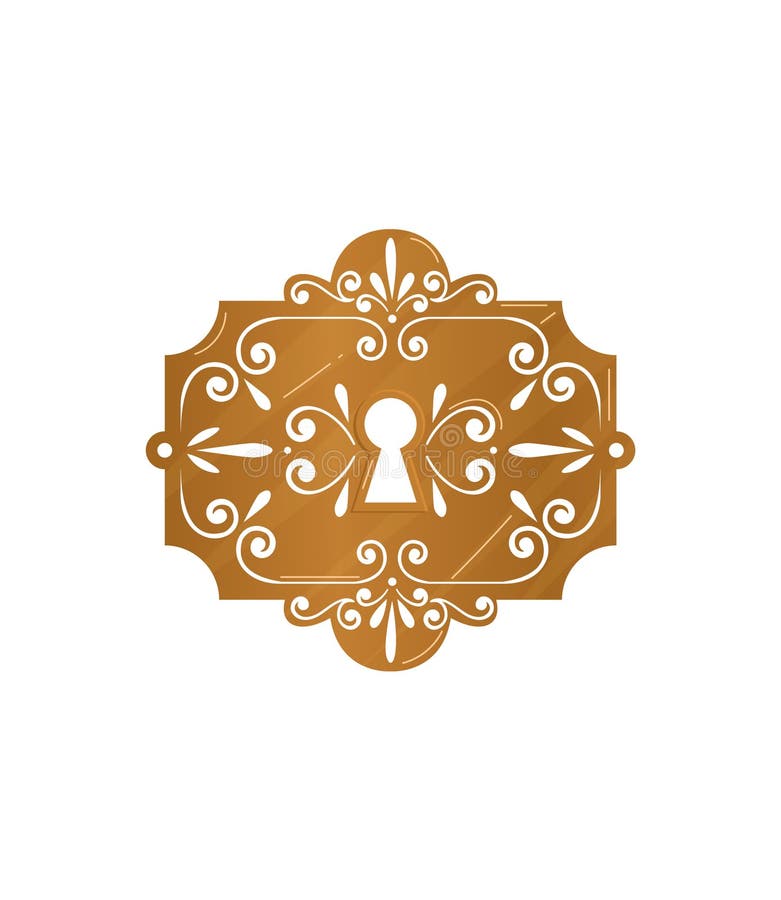 Golden ornate lock escutcheon with intricate design. Luxury detailed keyhole plate vector illustration. Golden ornate lock escutcheon with intricate design. Luxury detailed keyhole plate vector illustration.