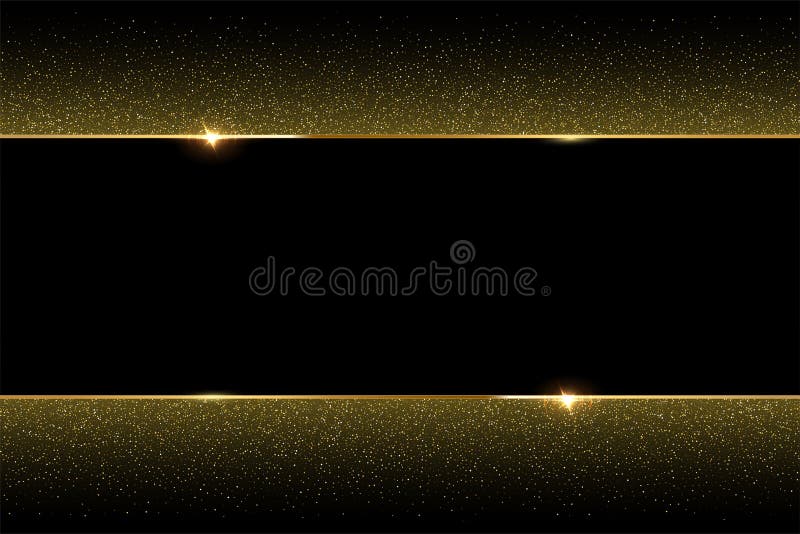 Golden glitter and shiny golden frame on black background. Vector horizontal luxury background. Golden glitter and shiny golden frame on black background. Vector horizontal luxury background