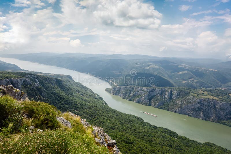 Danube in Djerdap National park, Serbia. Danube gorge iron gate on the Serbian-Romanian border. Aerial View. Danube in Djerdap National park, Serbia. Danube gorge iron gate on the Serbian-Romanian border. Aerial View