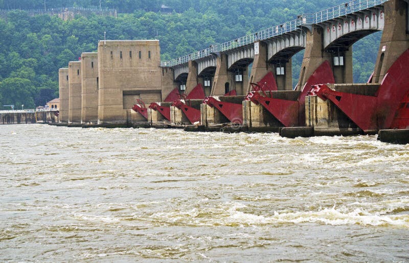 Water from the Mississippi River rushes through Lock and Dam 11 in Dubuque, Iowa. Water from the Mississippi River rushes through Lock and Dam 11 in Dubuque, Iowa