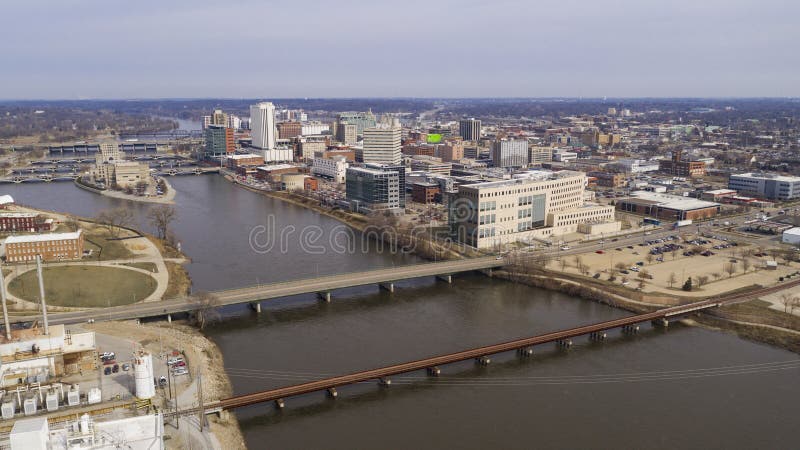 Aerial View Of the Cedar River Running thru a Cedar Rapids in Iowa. Aerial View Of the Cedar River Running thru a Cedar Rapids in Iowa