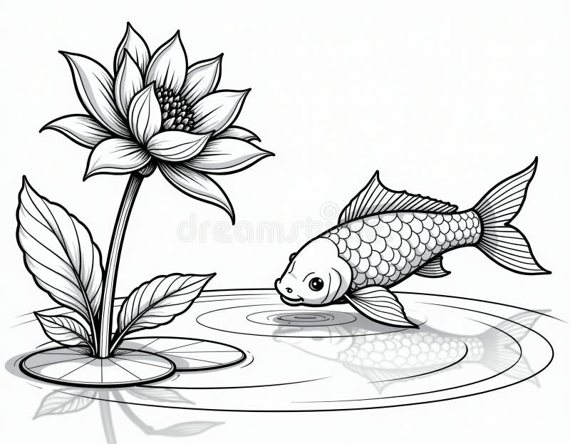 锦鱼莲花线艺术黑白池插图 向量例证