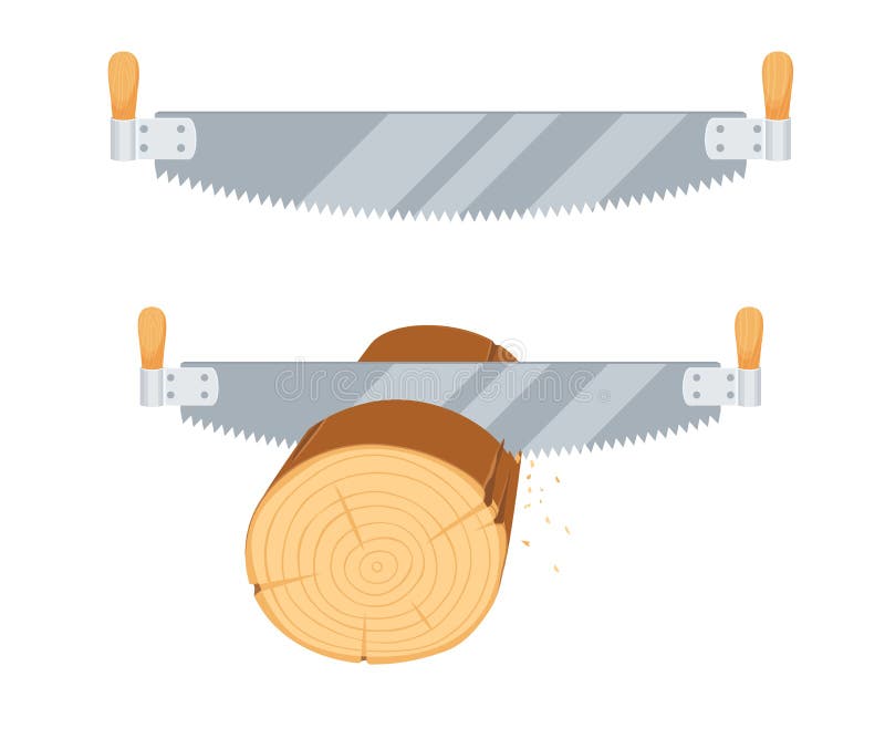 Sawing logs two handed saw. Repair tool. Woodcutter, lumberjack, builder or carpenter instruments. Woodworking process vector illustration. Handmade work on white. Sawing logs two handed saw. Repair tool. Woodcutter, lumberjack, builder or carpenter instruments. Woodworking process vector illustration. Handmade work on white.