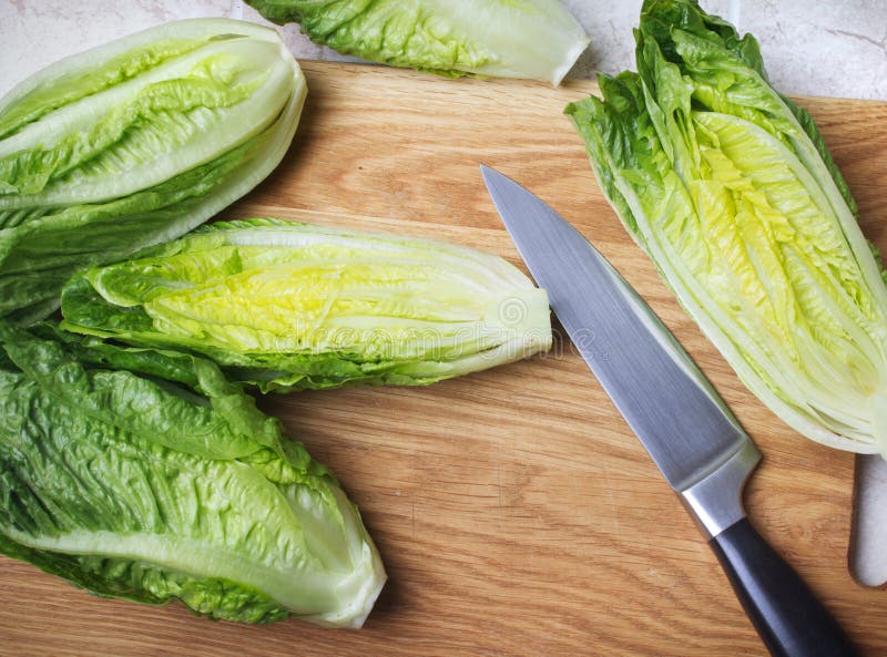 Romaine lettuce on kitchen board with knife. Romaine lettuce on kitchen board with knife