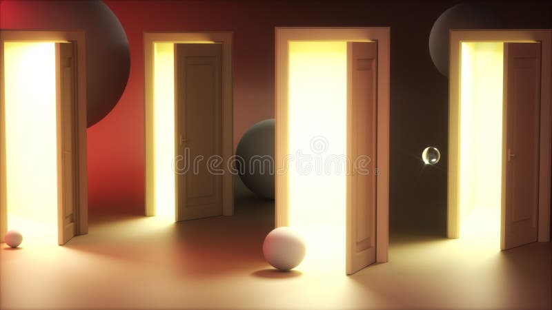 Bright Light from doorways of slightly open doors in a room with geometric objects of spheres. Modern minimal concept. 3D render illustration. Bright Light from doorways of slightly open doors in a room with geometric objects of spheres. Modern minimal concept. 3D render illustration.