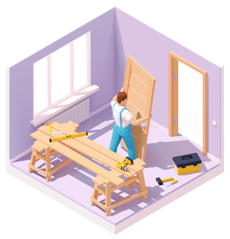 Vector isometric carpenter worker at new wooden door installation in the house. Worker in blue overalls, related tools, sawhorse. Vector isometric carpenter worker at new wooden door installation in the house. Worker in blue overalls, related tools, sawhorse