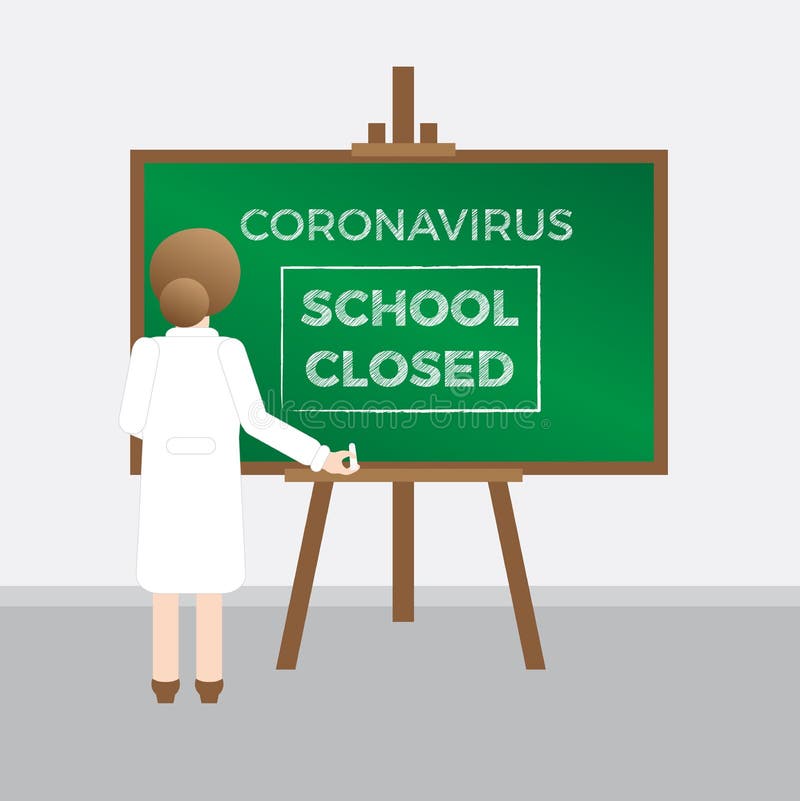 Teacher and Blackboard with text School closed. Coronavirus or Covid-19 epidemic concept. Vector illustration. Teacher and Blackboard with text School closed. Coronavirus or Covid-19 epidemic concept. Vector illustration