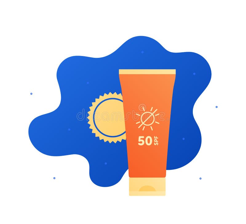 Sun screen protection cream concept. Vector flat illustration. Yellow and orange color bottle of suncream on blue sky background with sun. Design for cosmetic industry and dermatology. Sun screen protection cream concept. Vector flat illustration. Yellow and orange color bottle of suncream on blue sky background with sun. Design for cosmetic industry and dermatology