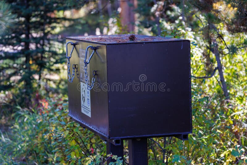 Bear proof storage container at Hatchet Campground in the Bridger Teton National Forest near Moran Wyoming. Bear proof storage container at Hatchet Campground in the Bridger Teton National Forest near Moran Wyoming