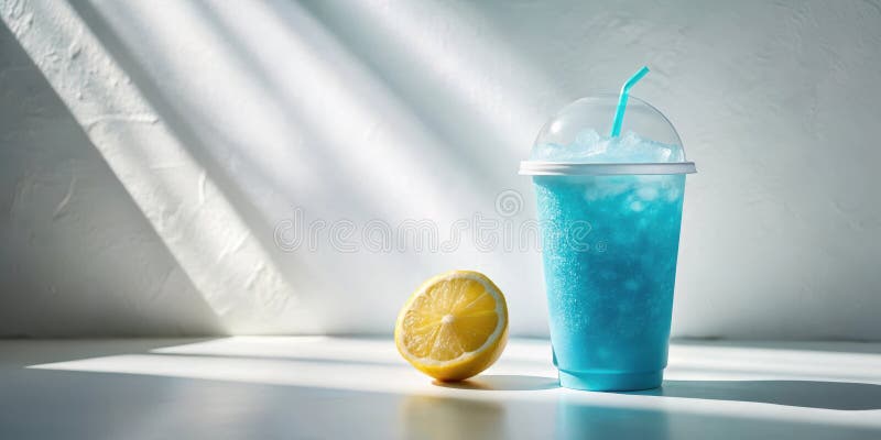 阳光下柠檬片清爽蓝色冷冻饮料. 向量例证