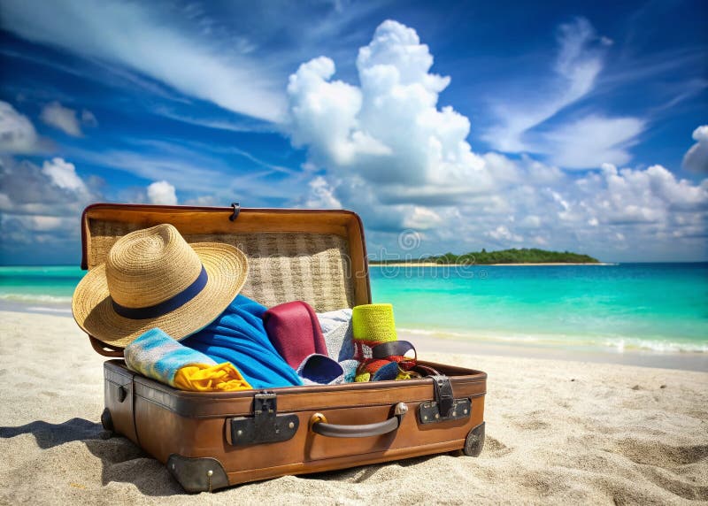 阳光亲吻的夏日逃逸，打开您梦想中的海滩度假之旅，碧蓝的天堂在等待着您 库存例证