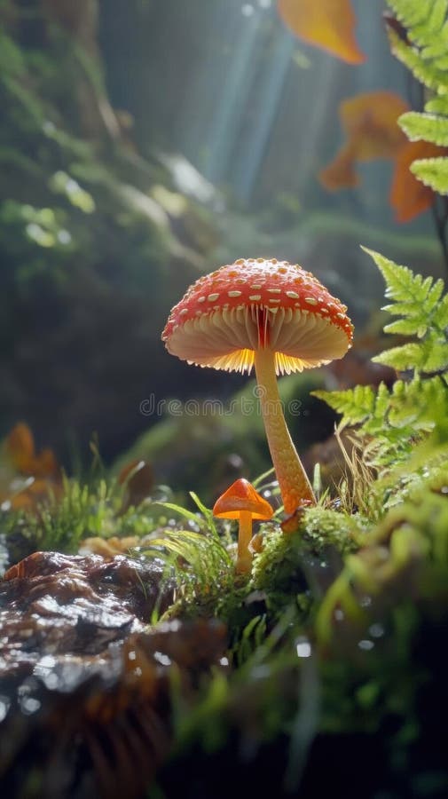 阳光天性美的郁郁葱葱的森林中种着红菇 库存图片