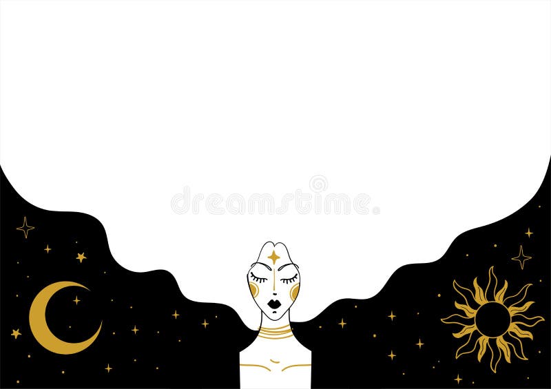 阳光女孩新月和肖像以星空神秘的横幅背景下的占星术和tarot的 皇族释放例证
