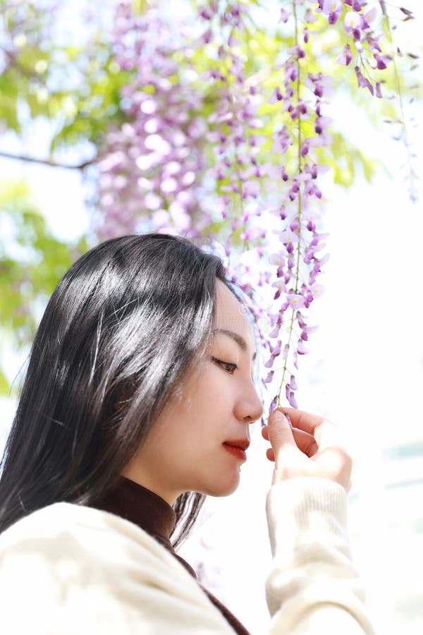 阳光明媚春日紫藤田长黑头发亚洲华美女的特写 免版税库存照片