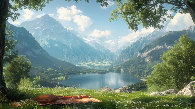 阳光明媚的一天，享有带毯子和鲜花的美丽山湖景色 免版税库存照片