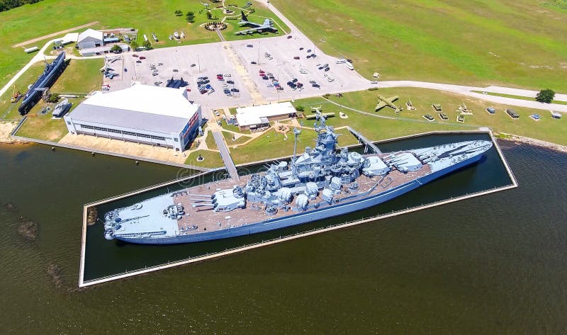 Aerial view of the USS Alabama battleship on Mobile Bay. Aerial view of the USS Alabama battleship on Mobile Bay