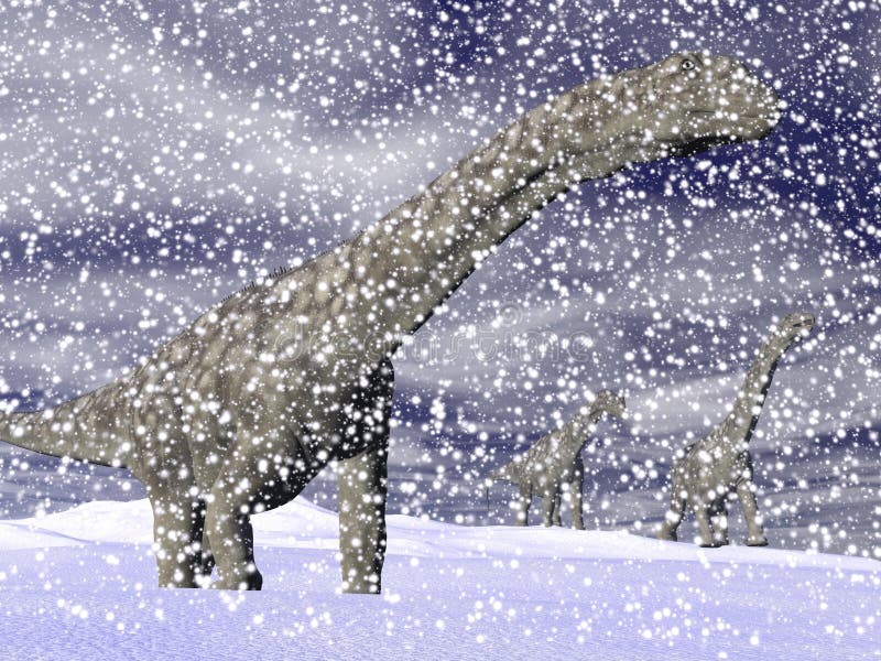 One argentinosaurus dinosaur walking in the snow by cloudy winter. One argentinosaurus dinosaur walking in the snow by cloudy winter