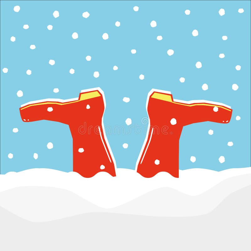 A pair of red wellington boots or galoshes stuck upside down in a drift made by falling snow. A pair of red wellington boots or galoshes stuck upside down in a drift made by falling snow