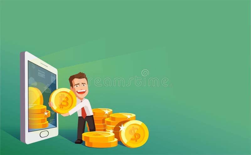 隐藏货币技术, bitcoin交换,流动银行业务平的现代设计 拉出智能手机bitcoins的商人 皇族释放例证 隐藏货币技术, bitcoin交换,流动银行业务平的现代设计 拉出智能手机bitcoins的商人 皇族释放例证