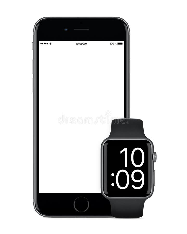 间隔灰色苹果计算机iPhone 6s并且间隔灰色苹果计算机手表大模型 免版税库存照片 间隔灰色苹果计算机iPhone 6s并且间隔灰色苹果计算机手表大模型 免版税库存照片