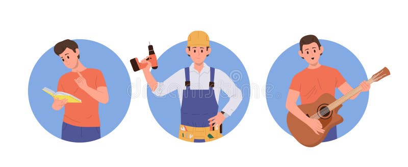 隔离的圆形构图，一个快乐的年轻男子卡通形象，专业和爱好活动 向量例证