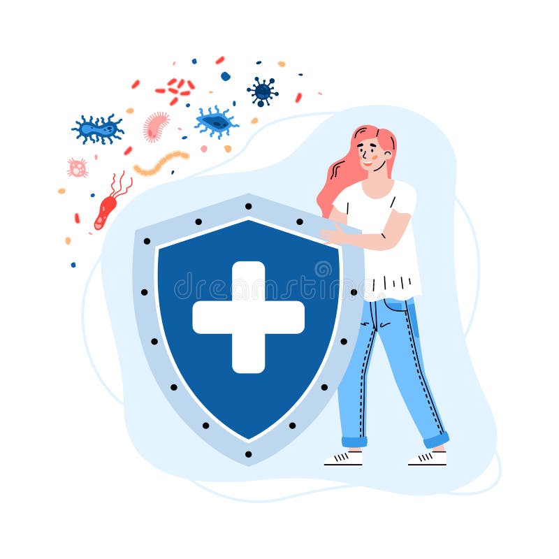 Woman with huge shield reflecting virus attack, cartoon vector illustration isolated on white background. Antiviral defense and prophylactic of epidemic. Woman with huge shield reflecting virus attack, cartoon vector illustration isolated on white background. Antiviral defense and prophylactic of epidemic.