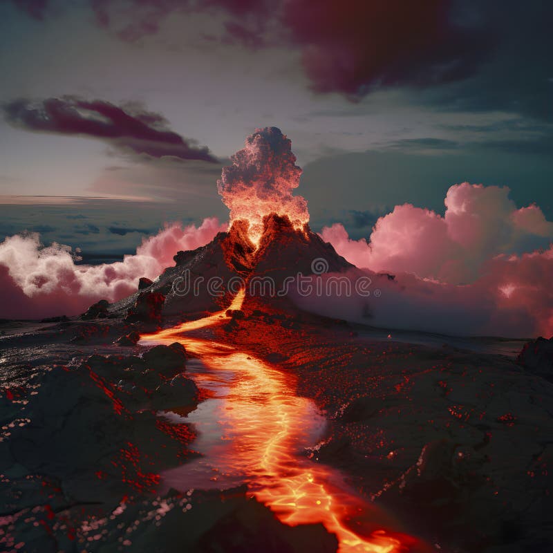Dramatic scene featuring a volcano erupting with lava flow against a stunning sunset sky AI generated. Dramatic scene featuring a volcano erupting with lava flow against a stunning sunset sky AI generated