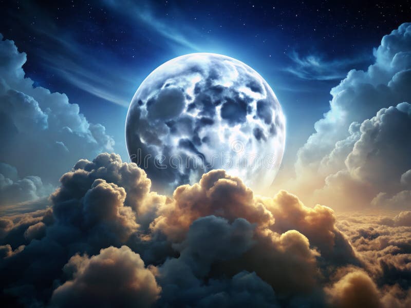 雄伟的满月夜天云，令人叹为观止的3D视觉效果 库存例证